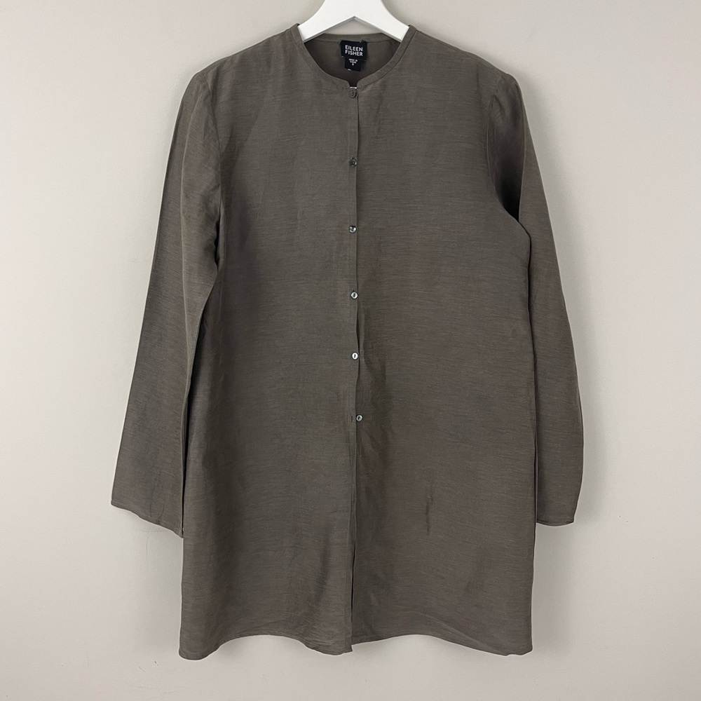 Eileen Fisher Silk Linen Button Front Long Tunic Top *Flaw